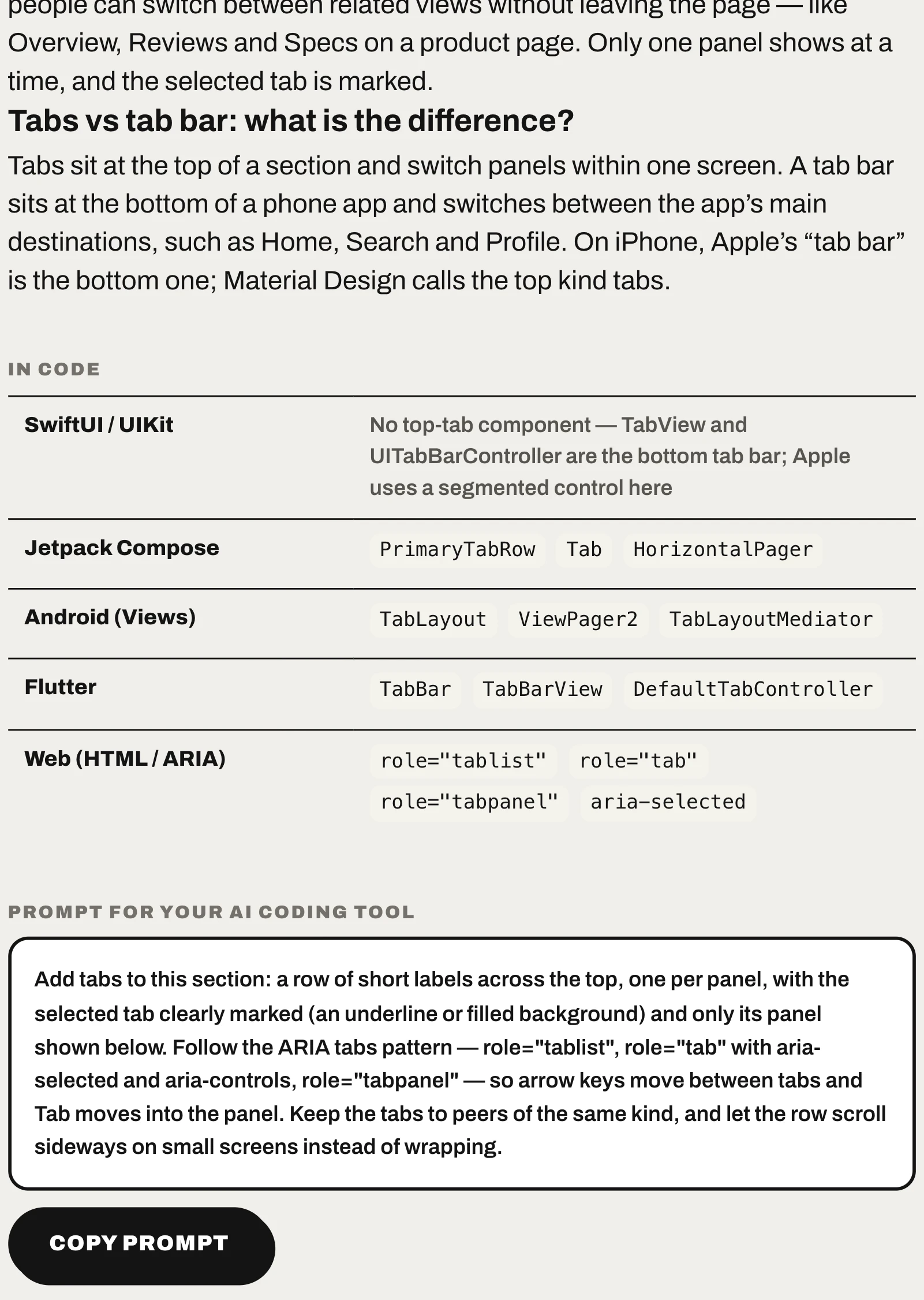 A CatchUI catalog entry showing the code names of the Tabs pattern on each platform and a ready prompt for an AI coding tool